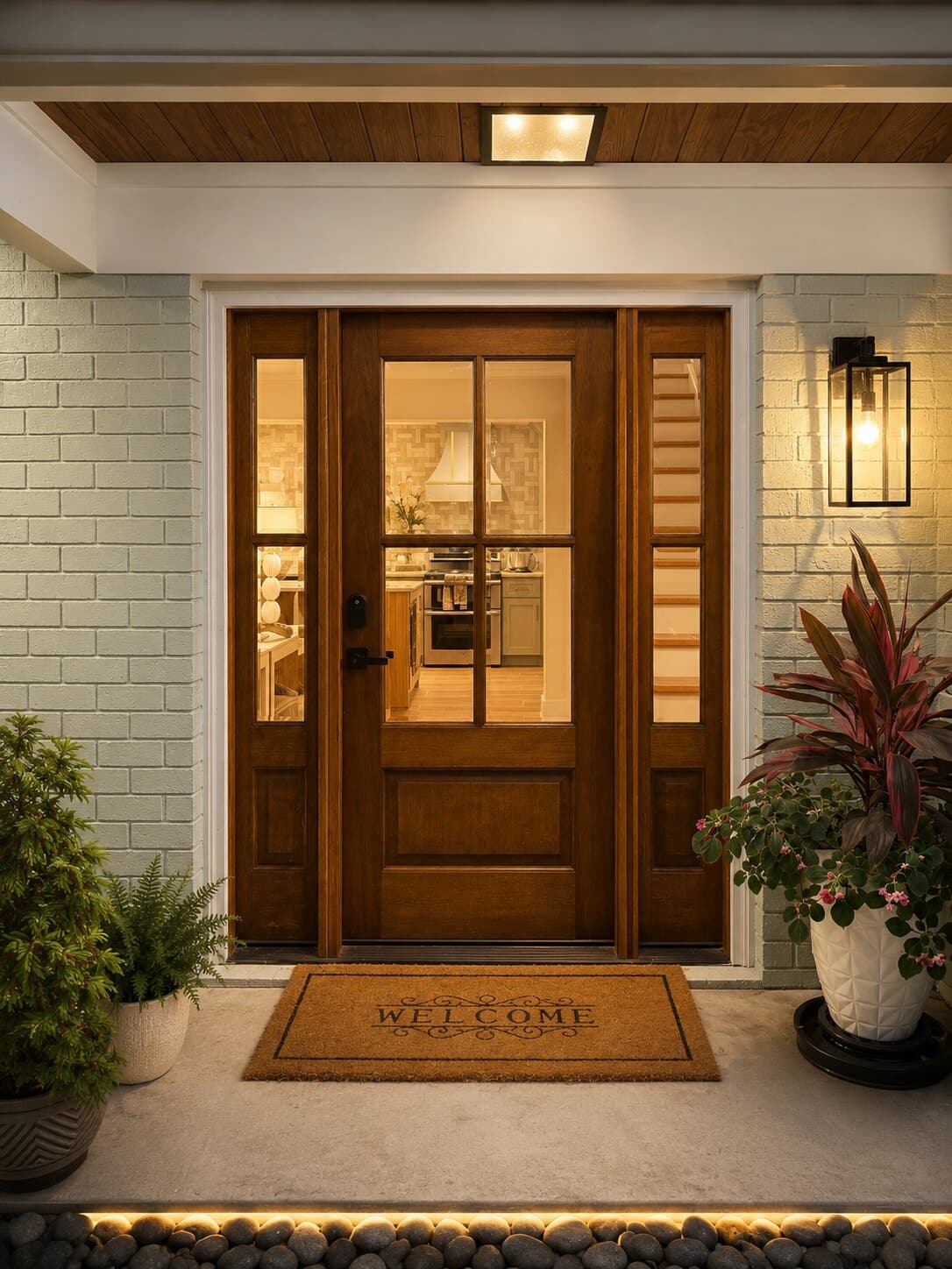 The front door, lit for the evening.