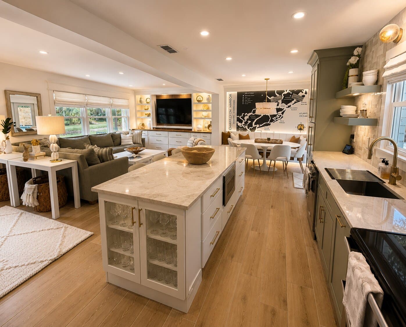 Kitchen, dining, and living in one continuous space.