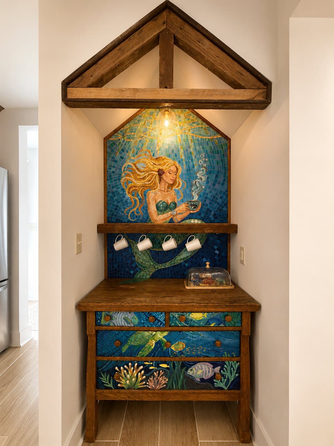 The coffee bar's mermaid mosaic.