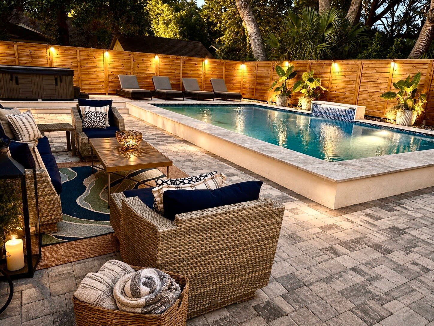 The heated saltwater pool at dusk