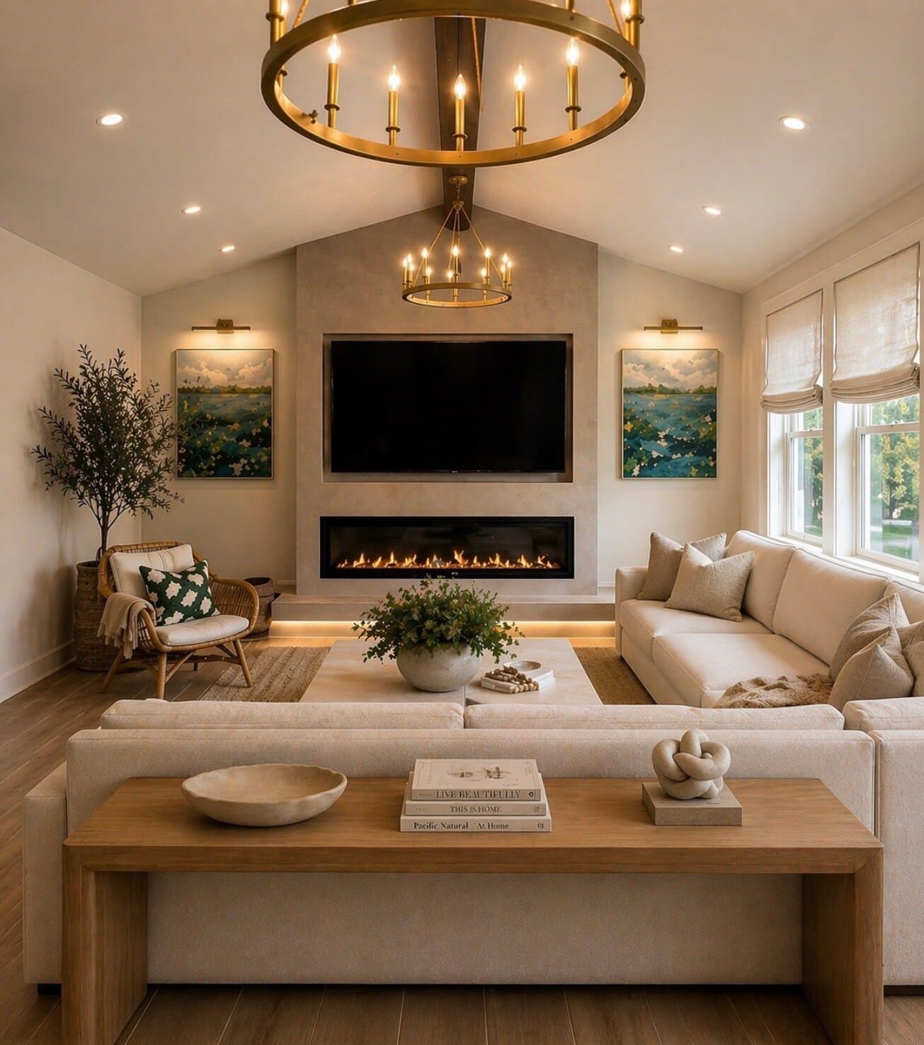 Cast concrete fireplace with a floating mantel.