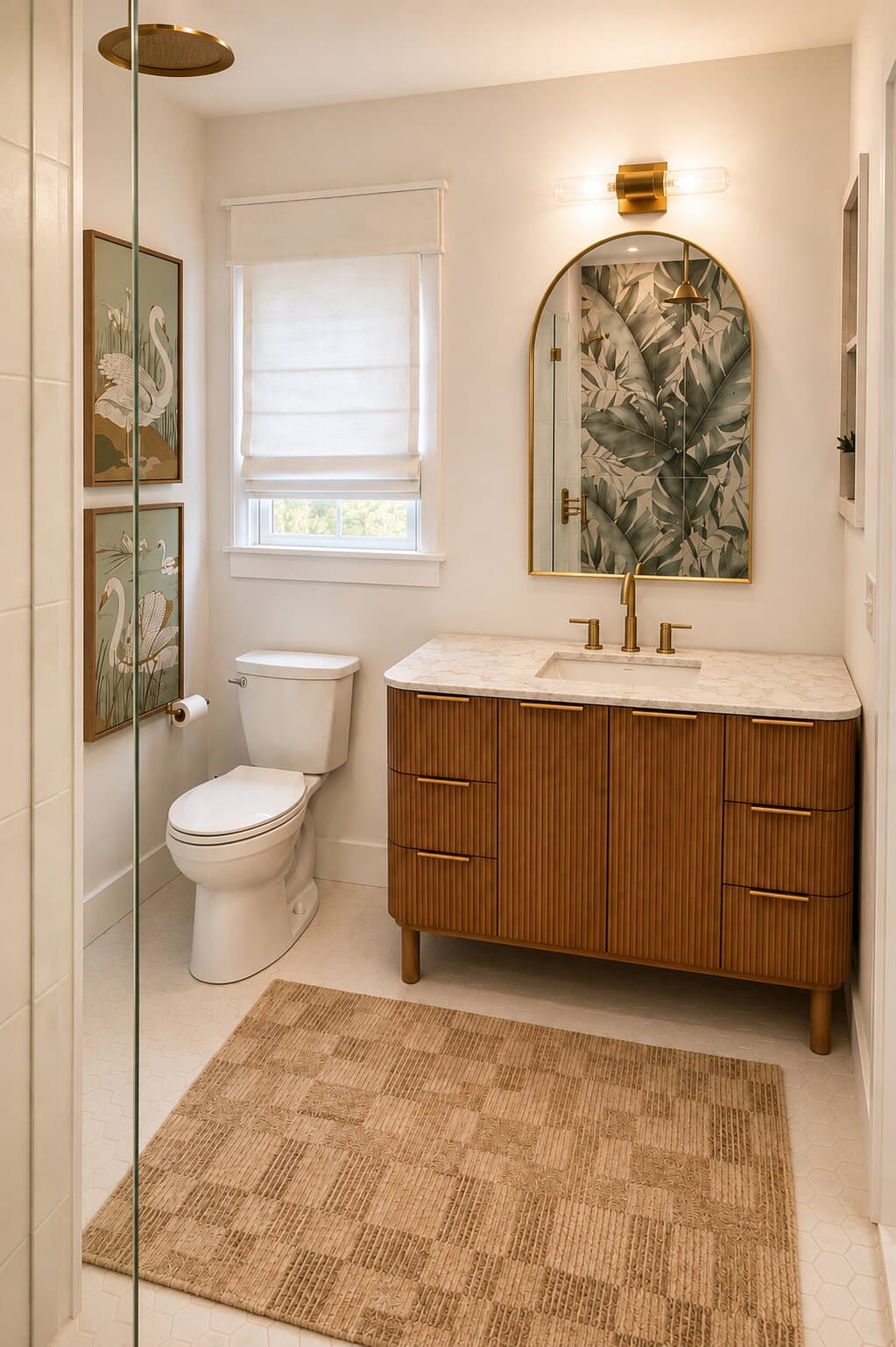Fluted walnut vanity with a marble top.
