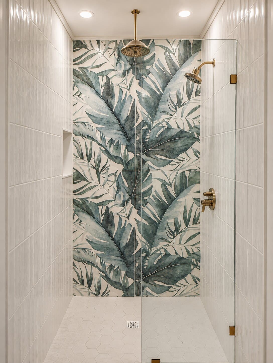 Palm-leaf tile in the guest shower.