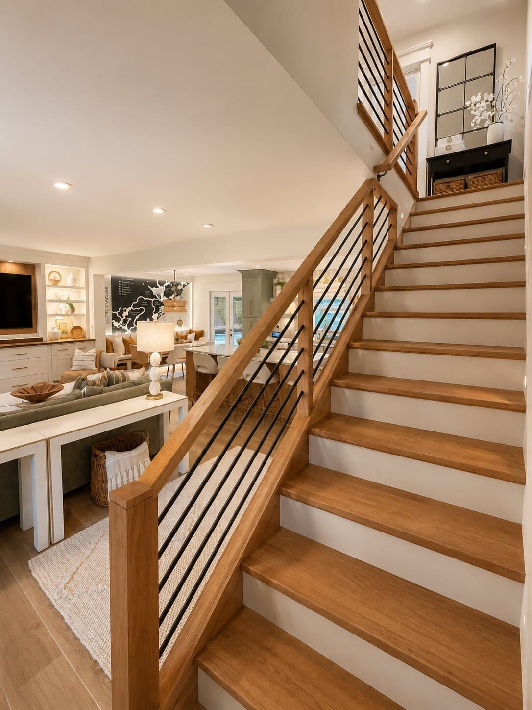 White oak stairs off the living room.