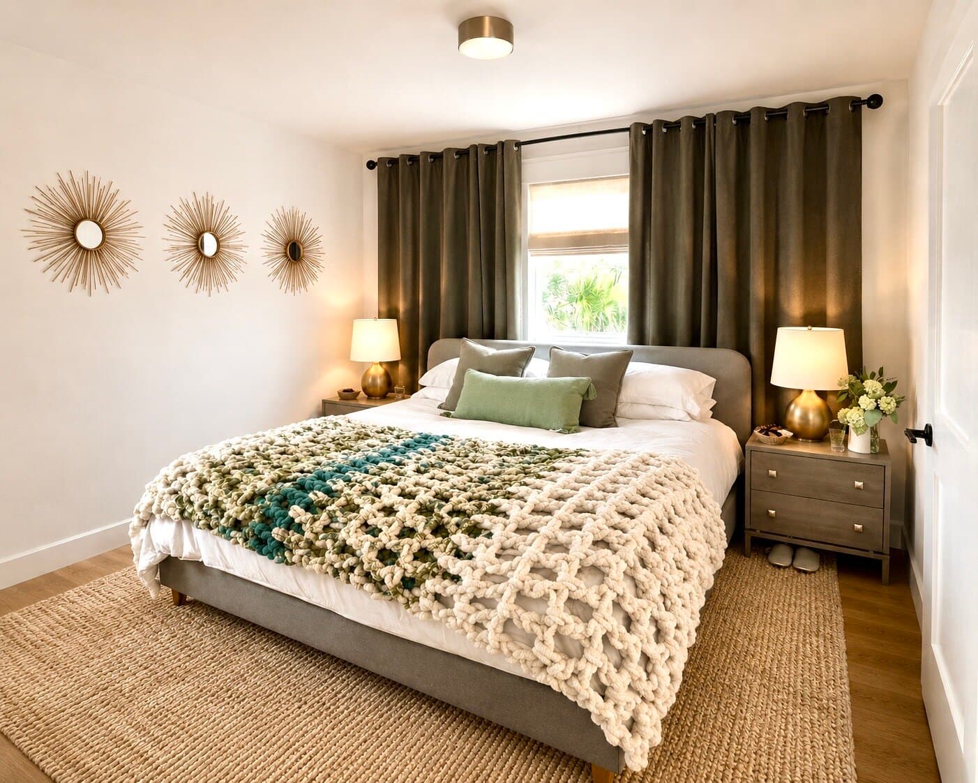 A guest bedroom in olive and linen.