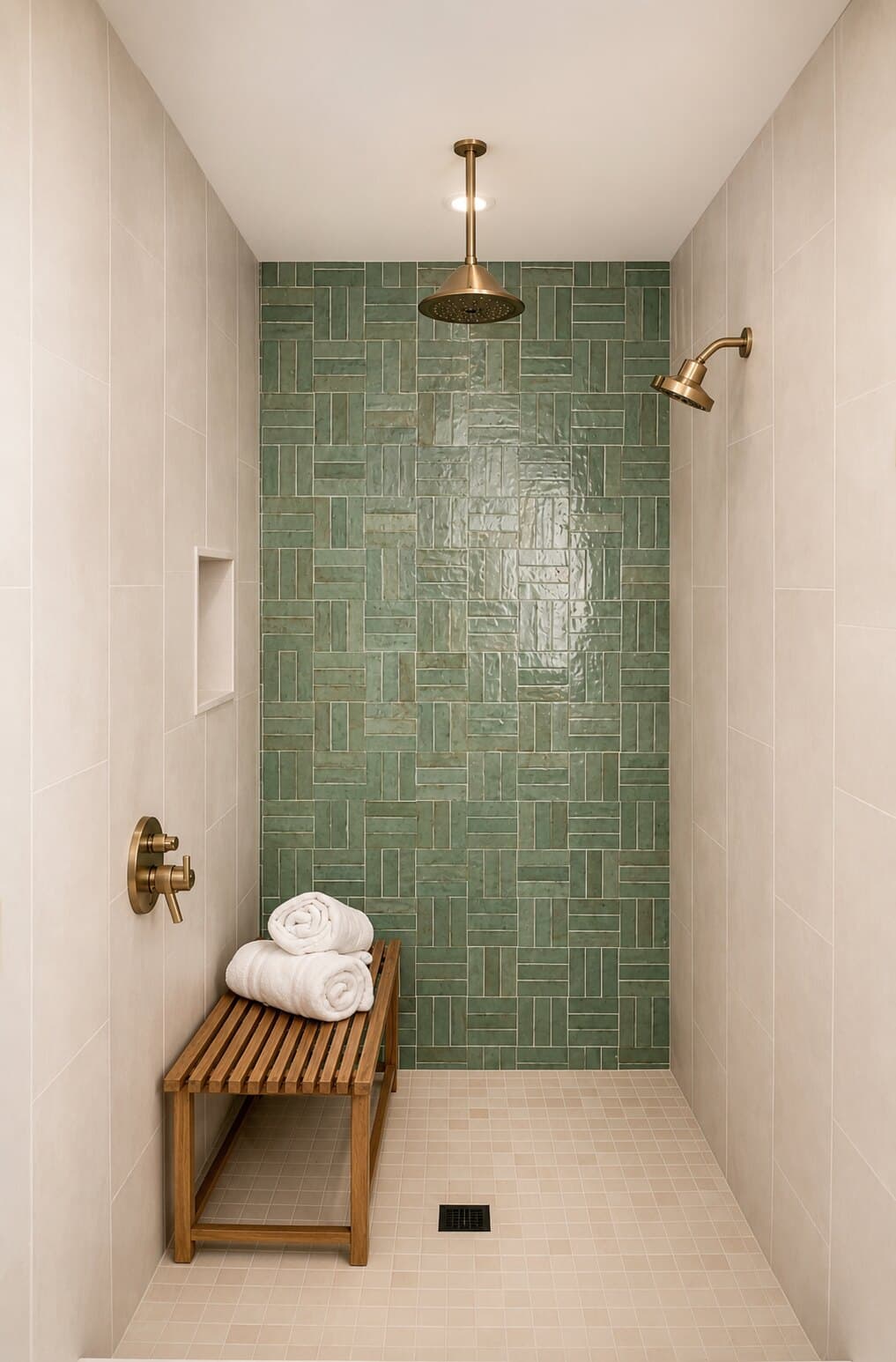 Sea-green tile and brass in the walk-in shower.