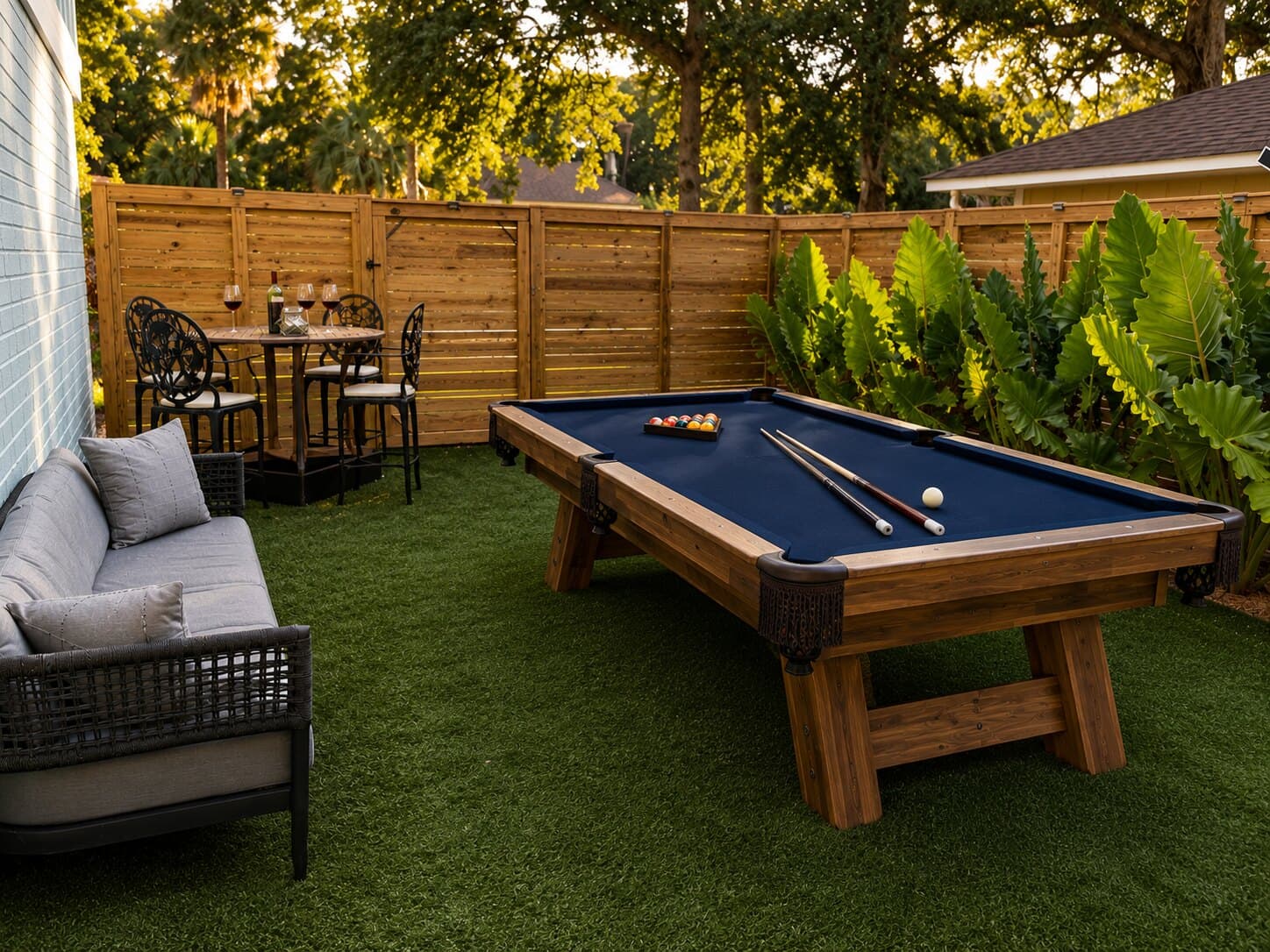 A pool table on the turf, under the palms.